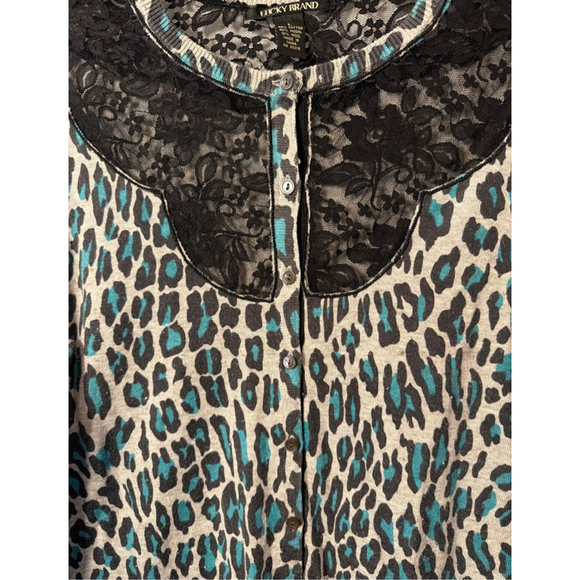 Women's Lucky Brand Leopard Print Lace Yoke Cardigan Sweater Retro 80’s Style L - Picture 3 of 5